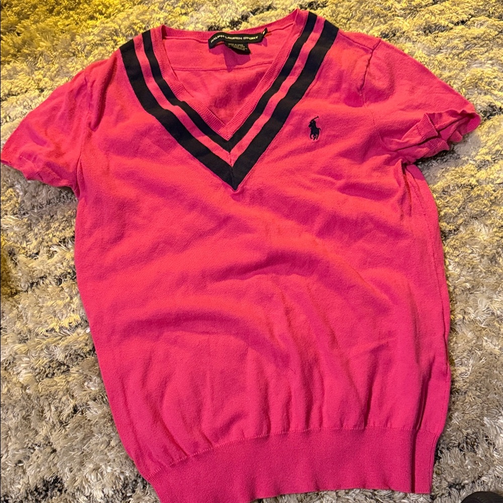 Ralph Lauren Red V-Neck Top with Black Accents